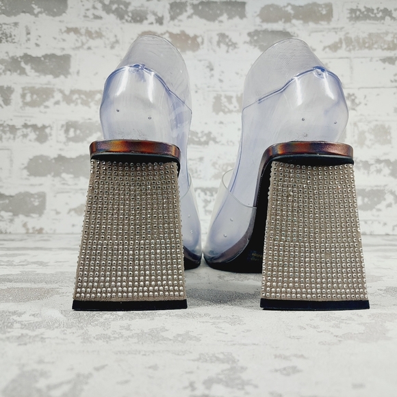 New BP Collins Gray Translucent Strap Rhinestone Triangle Heel Slide Sandal H458 - Picture 6 of 14